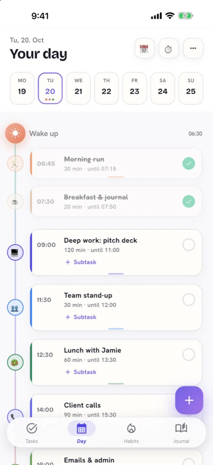 DoStreak day plan with time blocks from morning run to evening yoga
