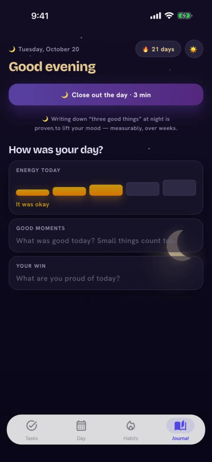 Evening journal with energy level and good moments