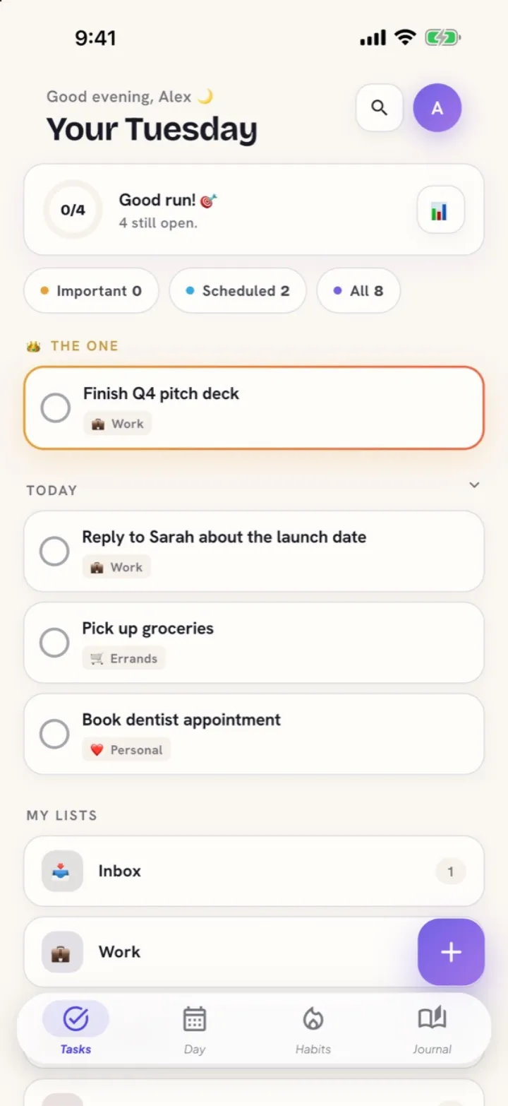 Task list with The One highlighted